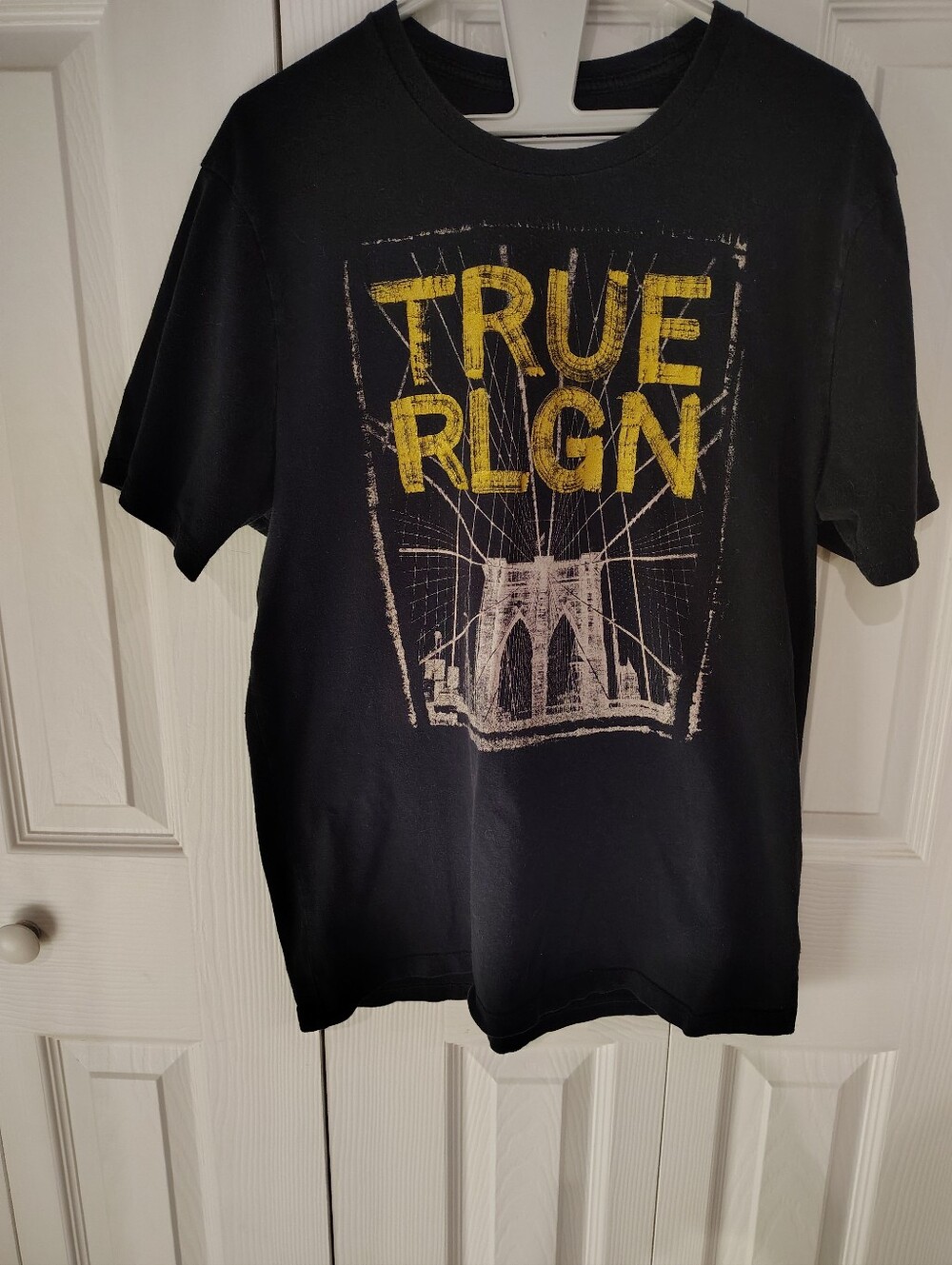True Religion Black Tee with Yellow Graphic Bridge Design 100% Cotton